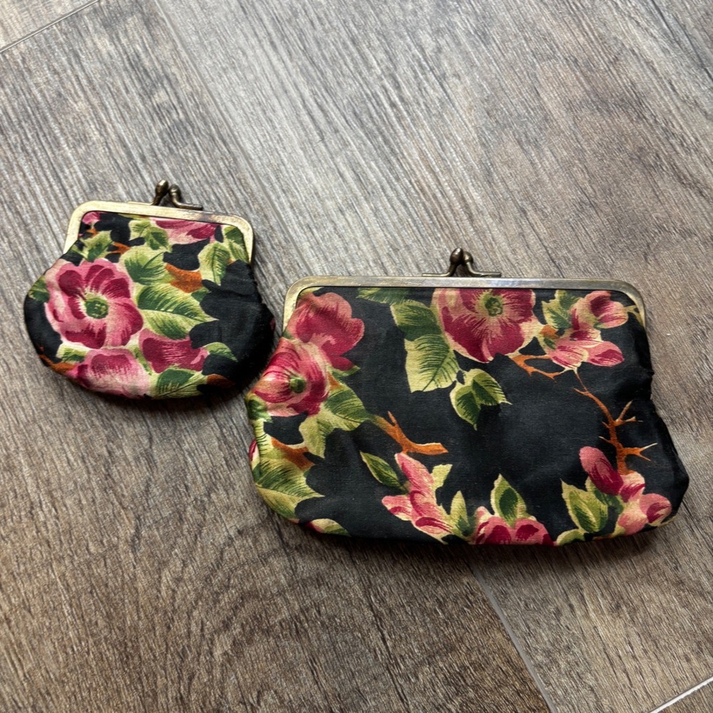 Vintage Floral Kiss Lock Coin Purse Set Black Pink Botanical 2 Piece‎ Pouch